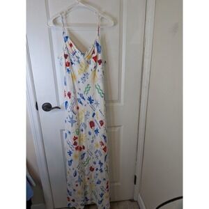 SO Womens XL Nautical Print Maxi Dress White Colorful Shells Fish V-Neck Summer